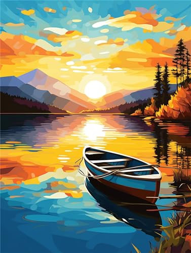 Peinture Numero Adulte Bateau, DIY Coucher Soleil Peinture par Numero Adulte, Acryliques Peinture par Numéros pour Adultes Débutants Enfants, Loisirs Créatifs Adultes Tableau Decoration Murale 30x40cm