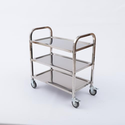 Queeucaer 3 Shelves Stainless Steel Service Trolley, Kitchen Trolley, Food Trolley with Brake
