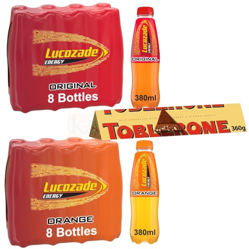 Lucozade Energy Orange and Original 8 x 380ml Multipack With Large Bar of Toblerone Milk Chocolate Honey Almond 360g - Great Combination