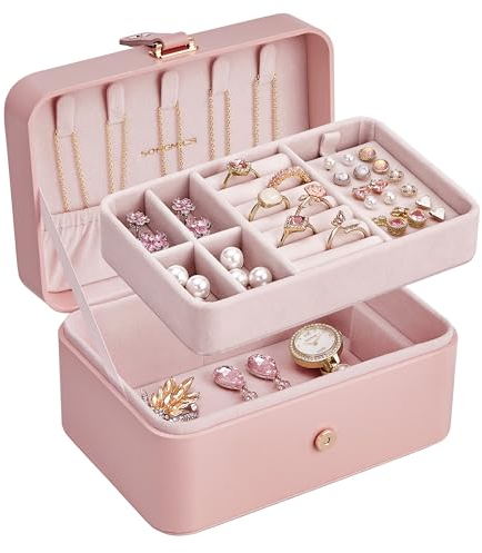 SONGMICS Schmuckkästchen, Reise-Schmuckkoffer, 2-lagiger Schmuckhalter, Organizer, tragbar, vielseitig, Ohrring-Aufbewahrung, für größeres Zubehör, Geschenke für Frauen und Mädchen, Jelly Pink