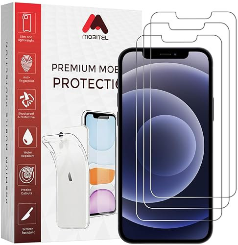 Mobitel 3-Pack Screen Protector for iPhone 12, iPhone 12 Pro 9H Hardness 6.1-Inch Tempered Glass Case-Friendly Protector, Anti-Scratch, Anti-Bubble with Easy Installation, HD Crystal Clear