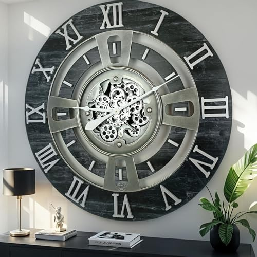 ImprovingLife The Gears Clock Real Moving Gear Wanduhr England Line (Vintage Black, 60 cm)
