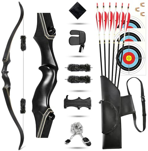 ZSHJGJR 60 Zoll Takedown Recurve Bogen Holz Aluminium 30-60lbs Bogenschießen Pfeil und Bogen Set Erwachsene Anfänger Jagdbogen Longbogen Traditioneller Bogen Set mit Zubehör