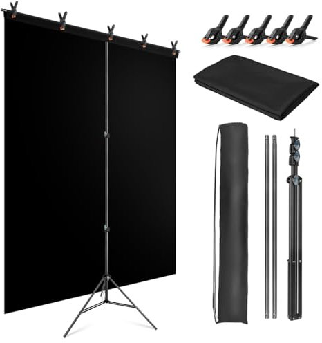 JEBUTU Foto Hintergrund Ständer 1,5x2m, Verstellbarer Hintergrund Ständer, Fotohintergrund Schwarz 1,5x2m mit 5 Klemme & Tragetasche für Streaming Fotoshooting Produkt Video Zoom Fotografie