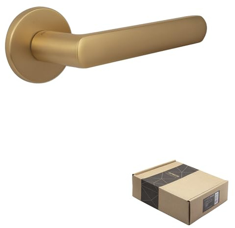 APECS Maniglia per porte interne, dorata opaca, moderna, per porta di casa e porta interna, con rosette rotonde, con materiale di fissaggio, per porta, modello KUMA