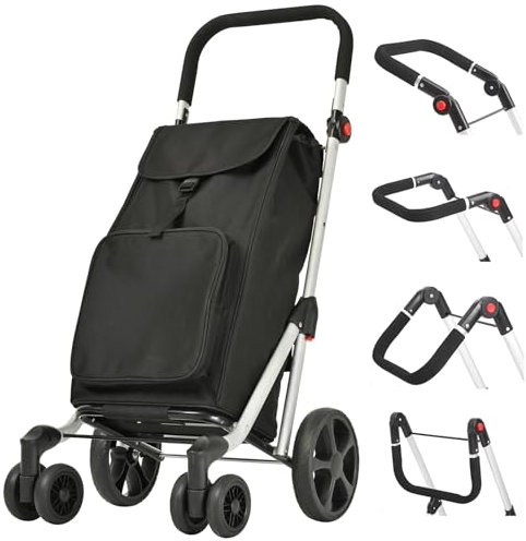 LEUYA ABC Carrello Portaspesa, Carrello per la Spesa Pieghevole Leggero, con Borsa Termico, 6 Ruote, 45L Trolley Spesa, Carrello Spesa in Alluminio, Resistente, Robusto (Nero)