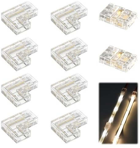 10 Pezzi Connettori Striscia LED COB 2 Pin 8 mm, 8pcs Connettori Angolo a Forma di L e 2pcs Connettori Diritti, Connettore Nastri LED 12V/24V Trasparenti Senza Saldatura