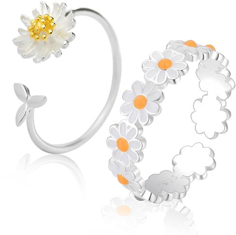 COYUN 2 Stück Damen Verstellbare Gänseblümchen Ringe, für Frauen Mädchen Schmuck, Silber Offene Ringe Verstellbarer Blumen Fingerring für Herren Hochzeit Angst Blumenring Stapelbare Ringe