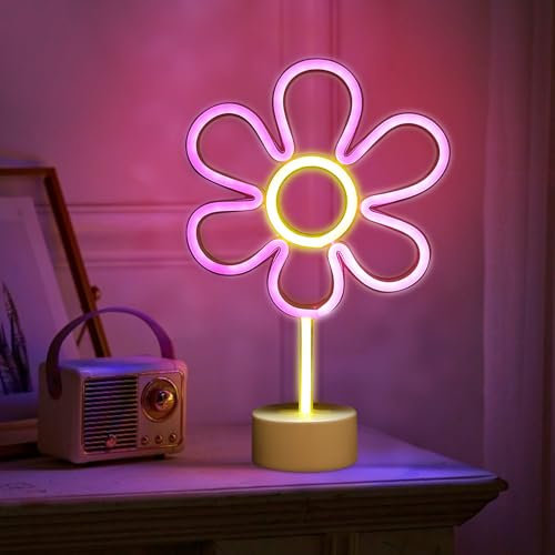 Deko Schlafzimmer LED Lichter mit Sockel, Zimmer Deko Aesthetic LED Beleuchtung Ornament, Neon Schild USB und Batteriebetrieben, Beleuchtete Neon Sign für Party Innen Deko Wohnzimmer (Blume)