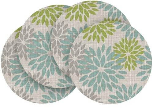 Artoid Mode Grün Dahlien Sommer PVC Round Platzsets 4er Set, 36cm Tischsets Schmutzabweisend Hitzebeständig Platzdeckchen Küche Deko