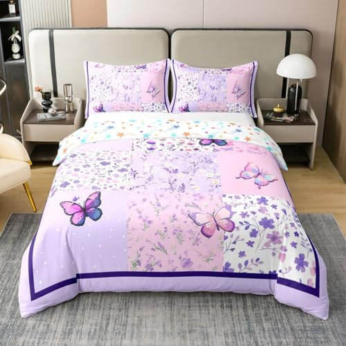 100% Baumwolle Bettbezug Schmetterling Bettwäsche Set 135x200 Lavendel Lila Schmetterlinge Bettbezug für Mädchen Bunte Schmetterlinge Plaid Bett Set für Kinder Kind Teenager Retro Blumen Rustik