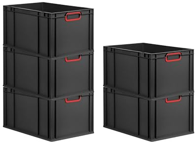 PROREGAL SparSet 5x Eurobox NextGen Color | HxBxT 32x40x60cm | 65 Liter | Griffe rot geschlossen | Verstärkter Boden | Schwarz | Eurobehälter, Transportbox, Transportbehälter, Stapelbehälter