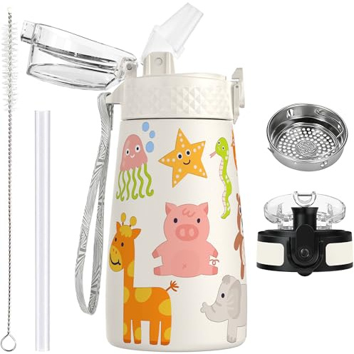 OLDLEY 350ml/12oz Kids Stainless Steel Water Bottle with Straw for School with 2 Different Lid Metal Vacuum Insulated Water Bottles Small Flask for Boys Girls Toddler Children Hot Cold Drinks BPA Free