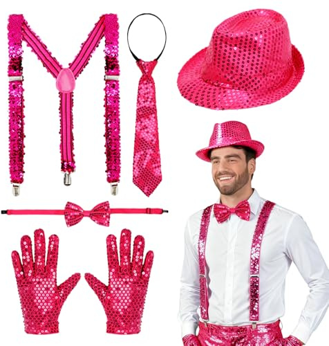 Capaneus Glitzer Outfit Herren,Disco Kostüm Accessoires,Pailletten Hosenträger+Fliege+krawatte+Handschuhe+Glitzer Hut,Fasching Party Dance Jazz Performance