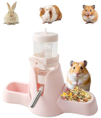XHYASD Hamster Trinkflasche 80 ml 3 in 1 mit Futternapf Pink | Kunststoff und Edelstahl, 80 ml, Doppelnapf und Standfuß, tropffrei, Kugelventil