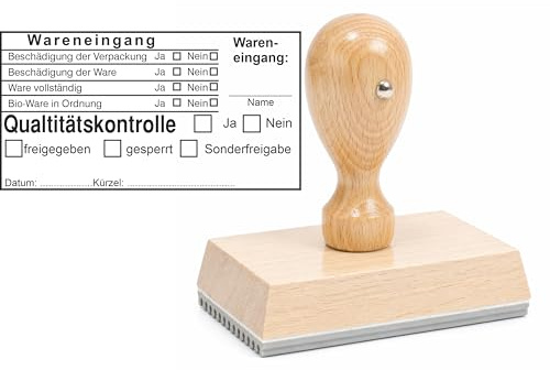 Die Stempel GmbH Wareneingangskontrolle Stempel Holz individuell – Lagerstempel Qualitätskontrolle Wareneingang Warenausgang HACCP Prüfstempel mit Textplatte für Büro Logistik (Qualitäts Kontrolle)