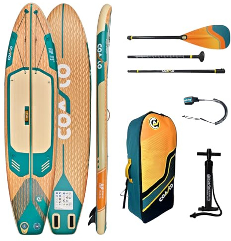 Coasto - Aufblasbares SUP-Stand-Up-Paddel, Coasto Flip, 11'5 Zoll – PB-CFLIP115 – 348 x 81 x 15 cm Dropstitch Woven – Komplettpaket: Paddel Leash Pumpe Transporttasche – bis 150 kg – Orange