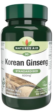 Natures Aid Korean Ginseng 600mg – 90 Tablets | Supports Energy, Vitality & Immune Health, High Strength Panax Extract with Ginsenosides, Vegan, Gluten-Free