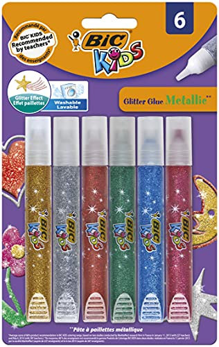 BIC Kids Colle à Paillettes - Couleurs Métallisées Assorties, Blister de 6