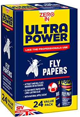 Zero In Ultra Power Fly Papers 24 Value Pack – Poison-Free Sticky Fly Trap Strips with Natural Apple Scent – Catches Over 30% More Flies – Clean White Paper – Indoor & Outdoor Kitchen, Shed & Stable