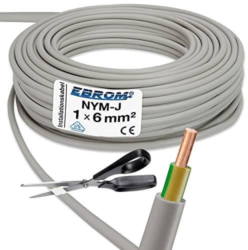 EBROM Câble gainé NYM-J Câble de mise à la terre Gris 1 x 6 mm² – Vendu au mètre près – Choix par incréments de 1 m – Votre choix : 6 mm² – Longueur : 15 m