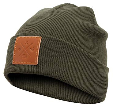 Rough Beanie - Beanie Mütze, Strickmütze mit Echt-Leder/Stick Veredelung, Viele Farben zur Auswahl (Manufaktur13/M13) (Olive)