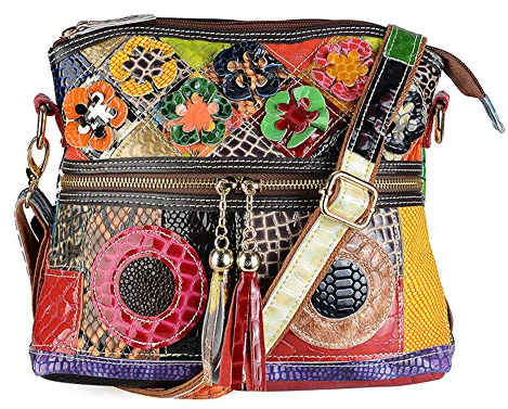 Segater® Damen Mehrfarbige Umhängetasche mit Blumenmuster, Mode Rindsleder Handtasche Schlangenmuster Design Leder-Umhängetasche Reisehandtasche Echtes Leder bunte Geldbörse