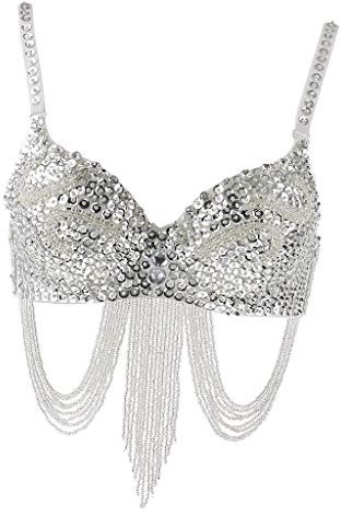 Tubayia Damen Bauchtanz BH Pailletten Quaste Bra Kostüm für Bauchtanz Halloween Party (Silber)