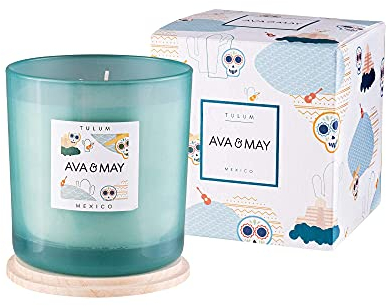AVA & MAY Tulum Große Duftkerze (500 g) – vegane Sojawachs-Kerze mit 70 Stunden Brenndauer – mit hochwertigem Duftöl aus Amber, Jasmin und Patschuli
