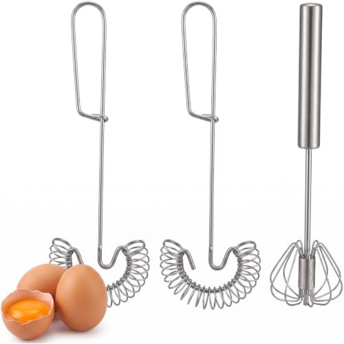 3 Pack Stainless Steel Egg Whisk Versatile Easy Whisk Hand Push Rotary Milk Frother Cooking Beater Manual Mixer for Beating Eggs Mixing Whipping Smoothies Shakes (2 Styles)
