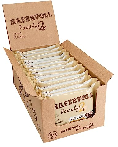 Hafervoll Porridge2go Mandel-Kokos & Nussmus, 13 x 55g Riegel - Vegan, Bio, Glutenfrei, Naschen ohne Zusatz von Zucker, mit Hafer, Datteln und Quinoa-Pops