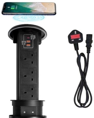 ZESHAN Waterproof pop up socket kitchen worktop with wireless charger,3 AC Power sockets and 2 USB and 1 USB C Fast Charging Ports Suitable for Home/Office Conference Table, Black