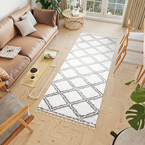 TAPISO Boho Teppich Läufer Kurzflor Shaggy Creme Grau Karo Doppelt Streifen Fransen Schlafzimmer Wohnzimmer Design Modern 80 x 300 cm