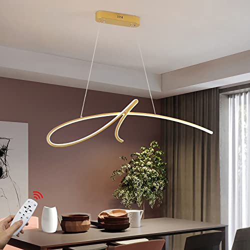 WERSVG LED Pendelleuchte Esstisch Gold Hängeleuchte 48W Modern Dimmbar mit Fernbedienung Esstischlampe LED Kronleuchter Linear Leuchte Höhenverstellbar für Esszimmer, Wohnzimmer, Küche 95cm (Gold)