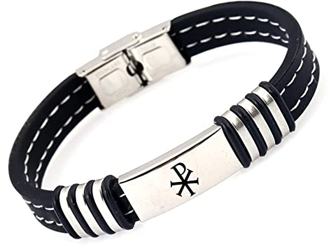 Chi XP Rho Christlich Symbol Amulett Silikon Armband mit Edelstahl Schnalle, Katholische Griechische Konstantin Kreuz Name von Christus Armreif Religiöse Schutz Schmuck für Frauen Männer, 8,26 Zoll