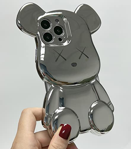 Yahiboo Süße Hülle für iPhone 14 6,1 Zoll, Silber Cartoon Teddy Bär Glitzer Bling Schutzhülle Mode Beschichtung Weich TPU Stoßfest Anti-Kratzer Handyhülle für Frauen & Mädchen