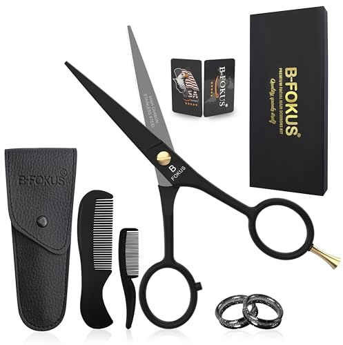 5 Premium Beard Mustache Scissors, Black High Carbon Stainless Steel Beard Scissors with 1 Beard Comb, 1 Mustache Comb, 2 Stickers and Tarvel Pouch. Beard Trimming Scissors for All Facial Hair