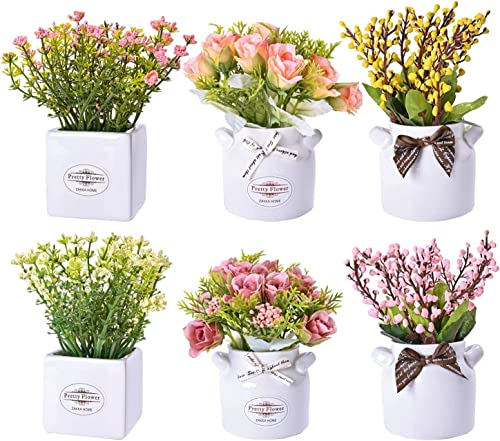 Yorkmills 6pcs Artificial Flowers with vase, Fake Flower Arrangements in Ceramic Pots, Faux Flowers for Home, Office,Table Decorations Centerpiece,Spring Decor, Small Ornaments for Shelves