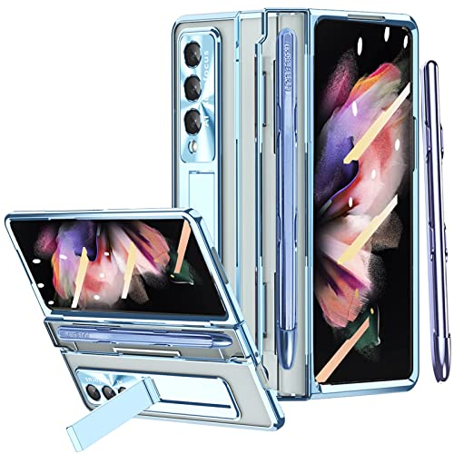 Miimall Handyhülle Kompatibel mit Samsung Galaxy Z Fold 3 Hülle mit S Pen, Transparent PC Schutzhülle mit Stift Halter + Displayschutzfolie + Ständer Hülle für Samsung Galaxy Z Fold 3 5G Blau