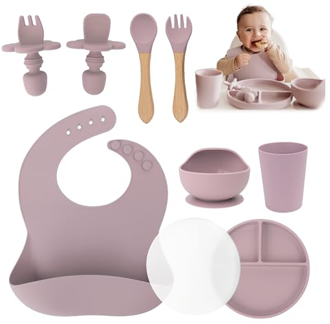 Yunioo Set de Alimentación Bebé Silicona, 9 Piezas Vajilla Infantil sin BPA, Plato y Cuenco con Ventosa, Babero, Cucharas, Vaso Entrenamiento, Microondas, Horno, Lavavajillas - Rosa