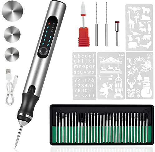 HOTROSE Bolígrafo de grabado eléctrico con 37 puntas, máquina de grabado inalámbrica recargable por USB, grabador giratorio portátil para joyas, madera, vidrio, piedra (plata)
