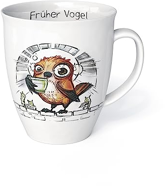 Tasse mit Spruch Tiermotiv mit Spatz Früher Vogel Porzellan Becher Teetasse Kaffeetasse Büro Arbeit