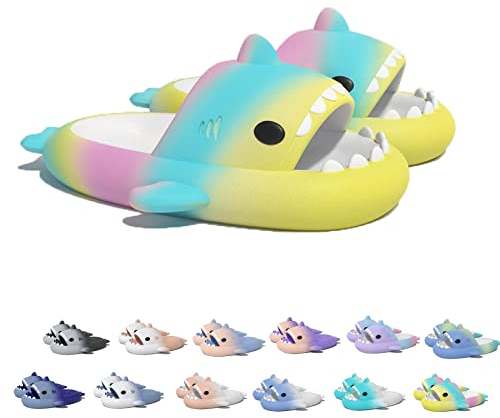 Sharky Chanclas,Cloud Shark Slides Hausschuhe Badepantoffeln Unisex süße Hai-Hausschuhe (Yellow&green&pink, adult, women, numeric_36, numeric_range, eu_footwear_size_system, numeric_37, medium)