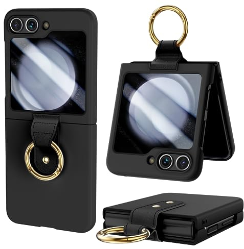 HWeggo Handyhülle für Samsung Galaxy Z Flip 5 Hülle,Ultradünne PC für Samsung Z Flip 5 Schutzhülle mit äußerem Bildschirmschutz und Ring,Stoßfest Kratzfest Leichte Schutzhülle(Schwarz)
