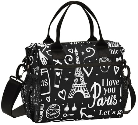 Mnsruu Bolsa de almuerzo aislada, color blanco, simple, Torre Eiffel, negra, lonchera grande para mujer, bolsa térmica reutilizable con correa para el hombro, trabajo, escuela, picnic