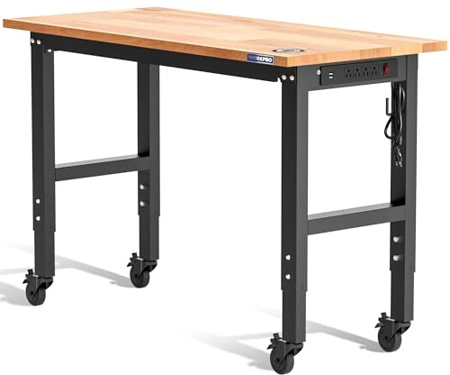 WORKPRO 48 Adjustable Workbench with Wheels, Rubber Wood Top