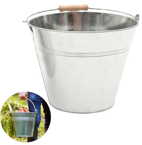Galvanised Metal Bucket with Wooden Handle Plant Pot Coal Planter Strong Steel High Grade Multipurpose for Garden Storage Hot Ash Cleaning etc 12L