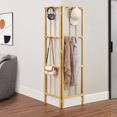 [en.casa] Eckgarderobe Hyllestad Wandgarderobe mit 12 Kleiderhaken Garderobenpaneel Klappgarderobe für Flur Eingangsbereich 165,5x92x8cm Bambus
