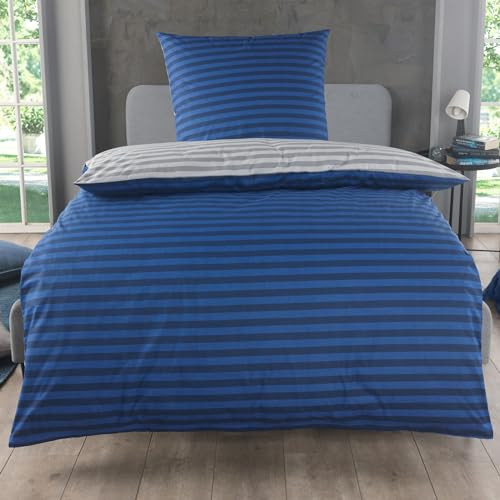 MALIKA Bettwäsche 155x220 Baumwolle, 2-teiliges Set, Streifenmuster, Wende Bettbezug 155 x 220 cm, Kissenbezug 80x80 cm, Renforcé, atmungsaktiv, maschinenwaschbar, Blau