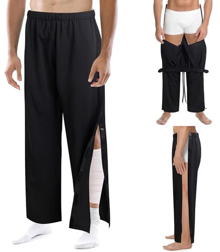 Zufuny Reha Hose Damen Herren Jogginghose seitlich zu öffnen Sporthose Trainingshose mit durchgehendem Klettverschluss (DE/NL/SE/PL, Alphanumerisch, XL, Baggy, Schwarz)